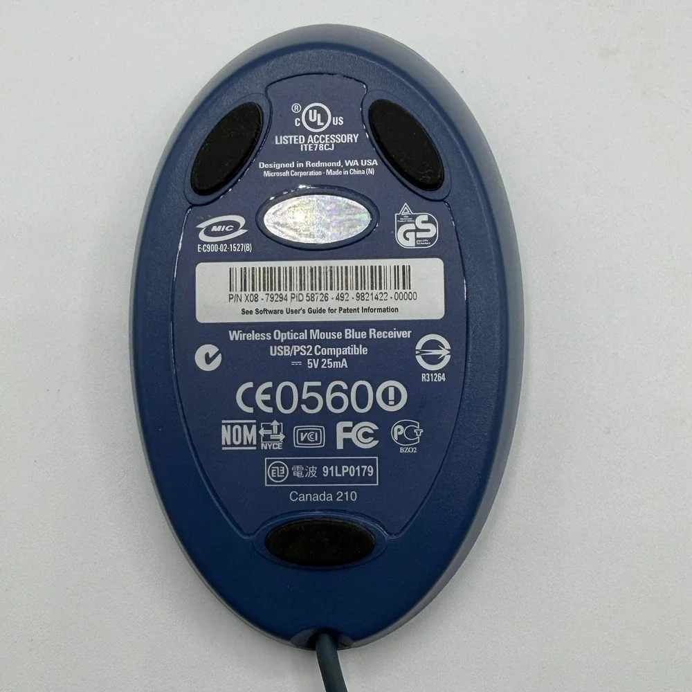 Microsoft Wireless Optical Mouse Blue Receiver USB PS2 Compatible Blue X08-79294